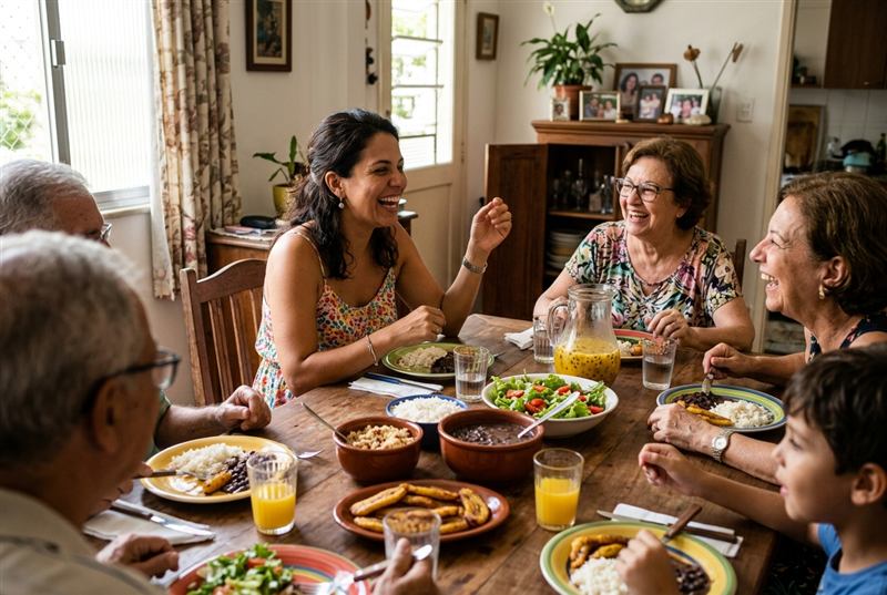 Almoço de domingo em família, mulher rindo à mesa