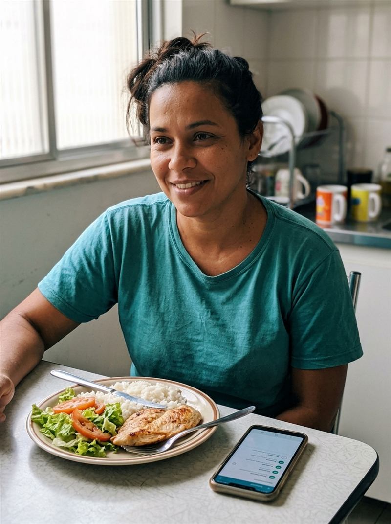 Mulher almoçando na cozinha com o checklist do plano no celular ao lado